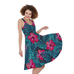 Hot Pink Hibiscus Tropical Pattern Print Women's Sleeveless Dress