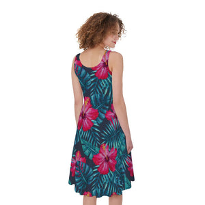 Hot Pink Hibiscus Tropical Pattern Print Women's Sleeveless Dress