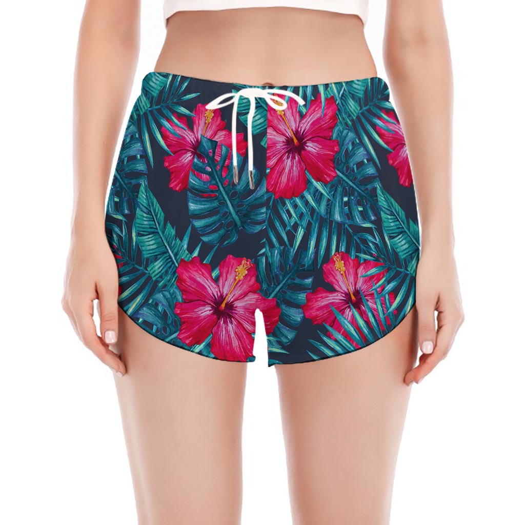 Hot Pink Hibiscus Tropical Pattern Print Women's Split Running Shorts