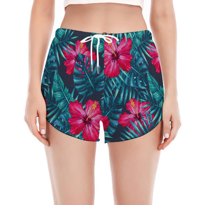 Hot Pink Hibiscus Tropical Pattern Print Women's Split Running Shorts