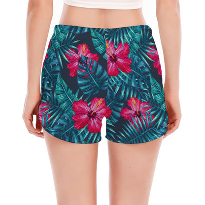 Hot Pink Hibiscus Tropical Pattern Print Women's Split Running Shorts