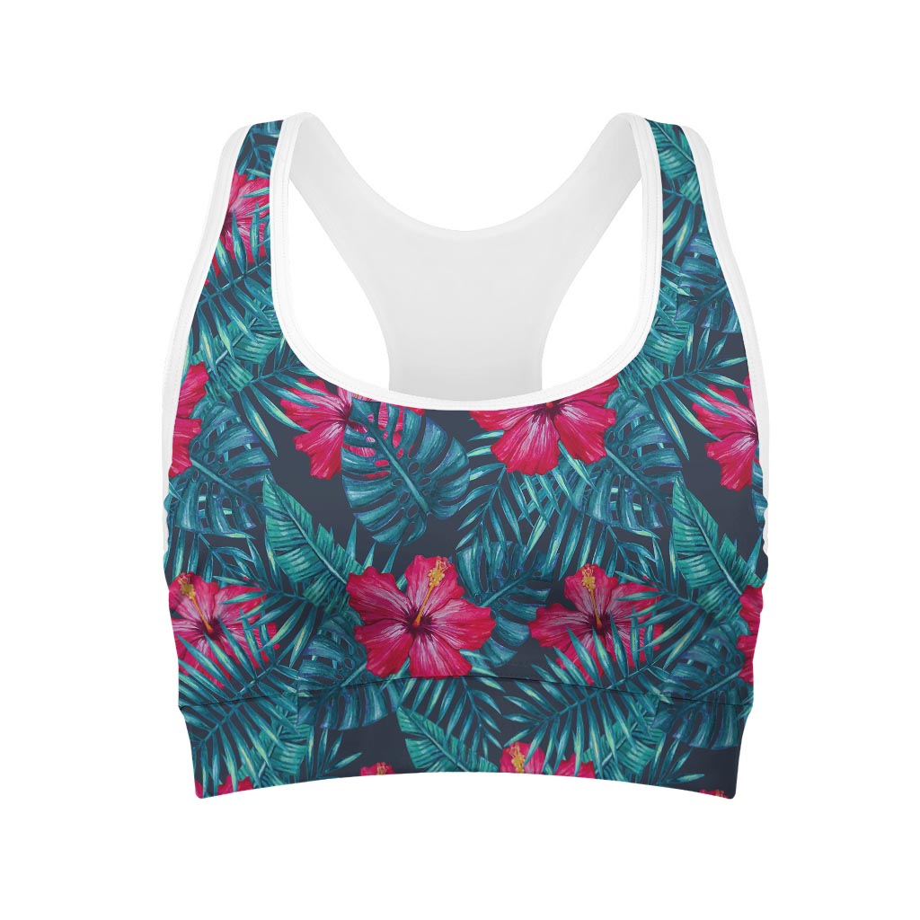 Hot Pink Hibiscus Tropical Pattern Print Women's Sports Bra