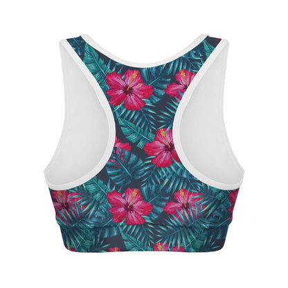 Hot Pink Hibiscus Tropical Pattern Print Women's Sports Bra