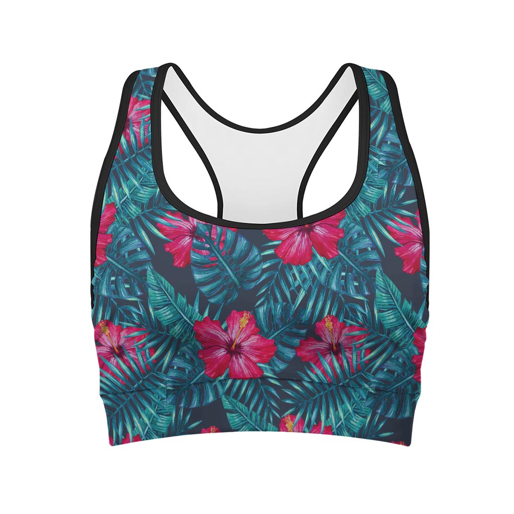 Hot Pink Hibiscus Tropical Pattern Print Women's Sports Bra