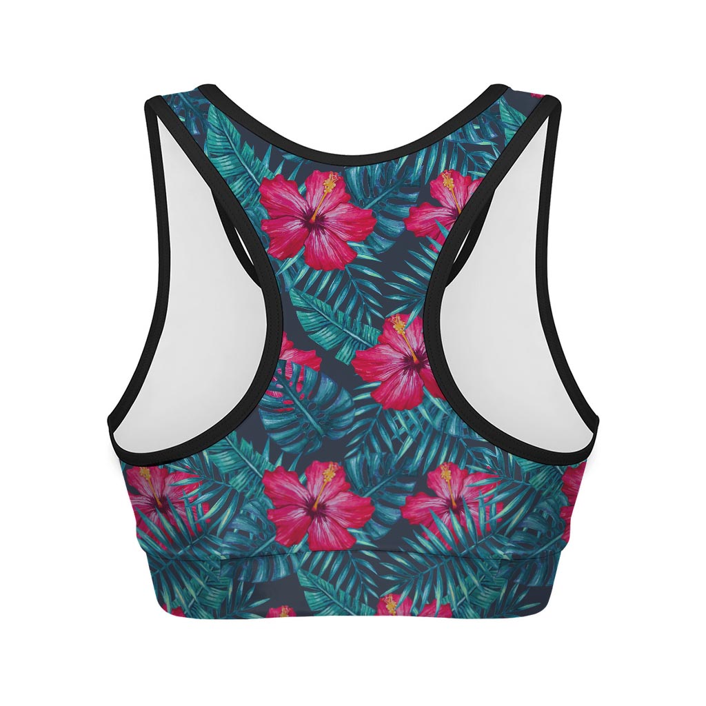 Hot Pink Hibiscus Tropical Pattern Print Women's Sports Bra