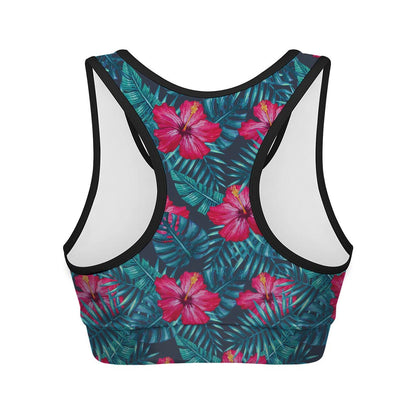 Hot Pink Hibiscus Tropical Pattern Print Women's Sports Bra