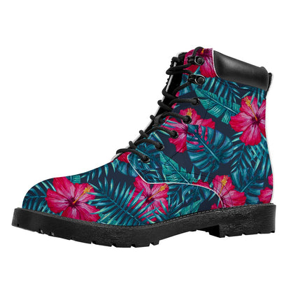 Hot Pink Hibiscus Tropical Pattern Print Work Boots