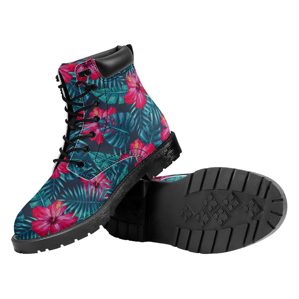 Hot Pink Hibiscus Tropical Pattern Print Work Boots