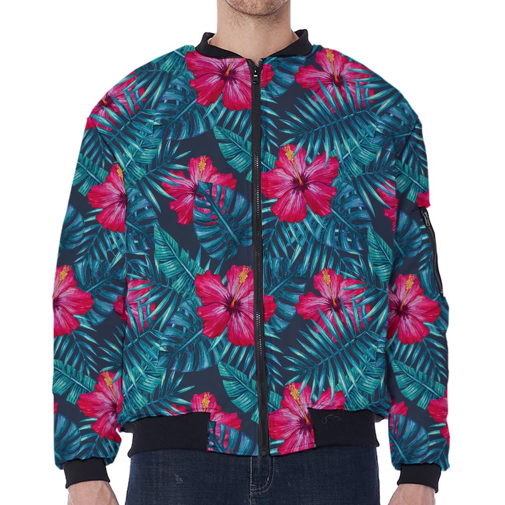Hot Pink Hibiscus Tropical Pattern Print Zip Sleeve Bomber Jacket