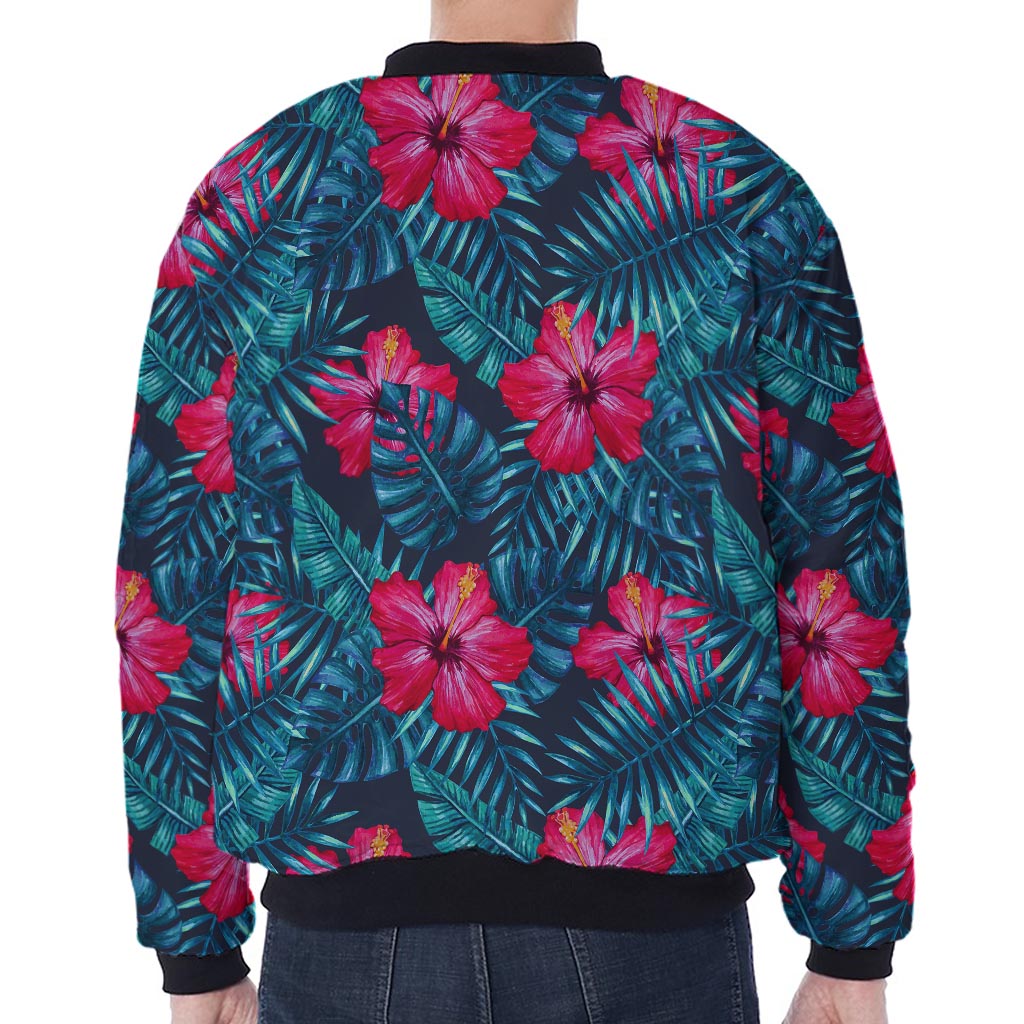 Hot Pink Hibiscus Tropical Pattern Print Zip Sleeve Bomber Jacket