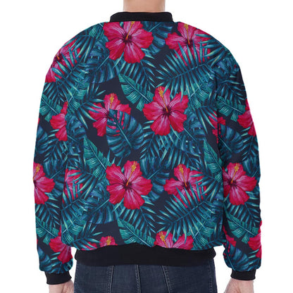Hot Pink Hibiscus Tropical Pattern Print Zip Sleeve Bomber Jacket