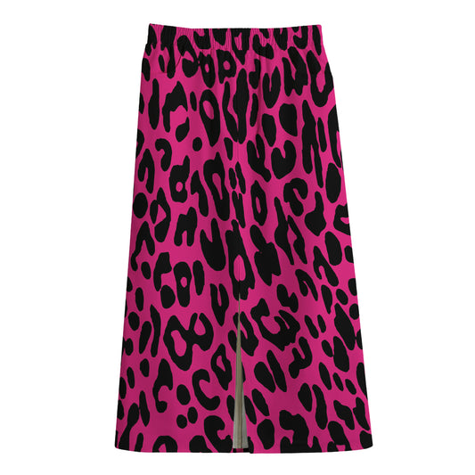 Hot Pink Leopard Print Cotton Front Slit Maxi Skirt