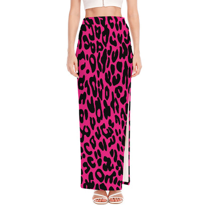 Hot Pink Leopard Print High Slit Maxi Skirt