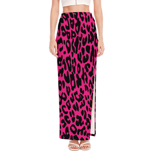 Hot Pink Leopard Print High Slit Maxi Skirt