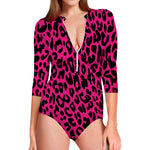 Hot Pink Leopard Print Long Sleeve Swimsuit