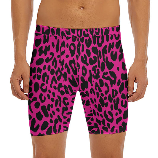 Hot Pink Leopard Print Men's Long Boxer Briefs