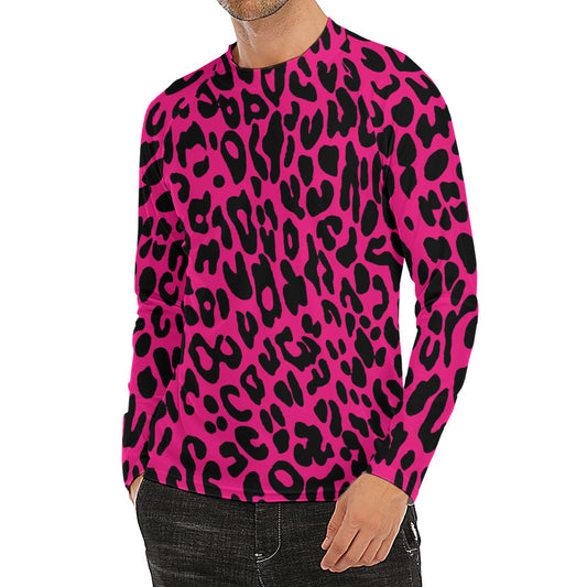 Hot Pink Leopard Print Men's Long Sleeve Rash Guard
