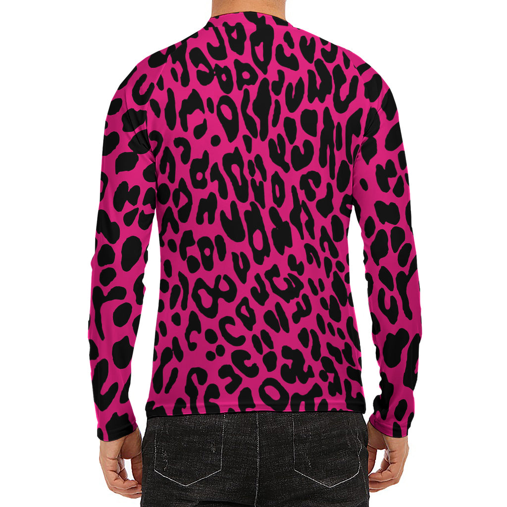 Hot Pink Leopard Print Men's Long Sleeve Rash Guard