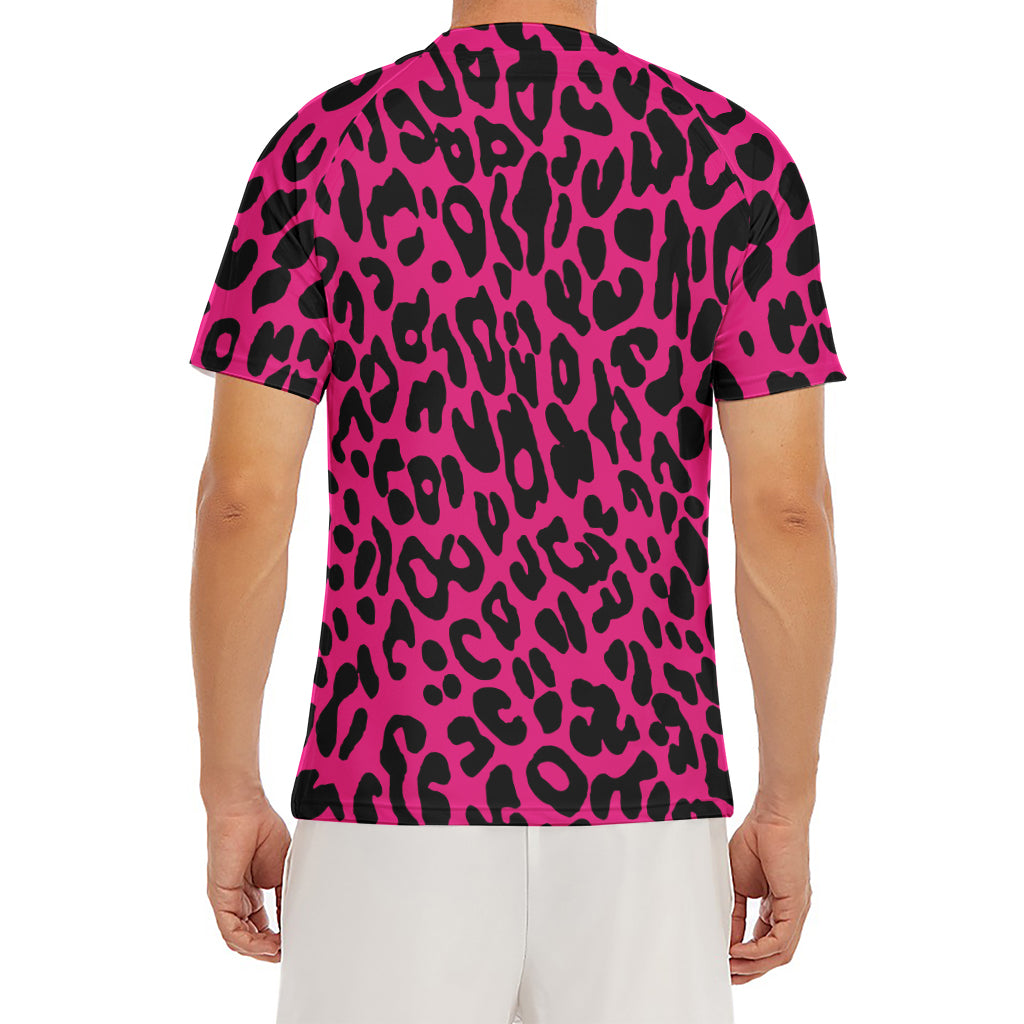 Hot Pink Leopard Print Men's Short Sleeve Rash Guard