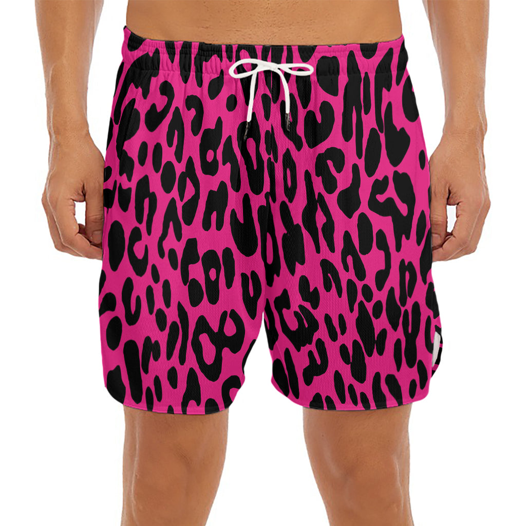 Hot Pink Leopard Print Men's Split Running Shorts