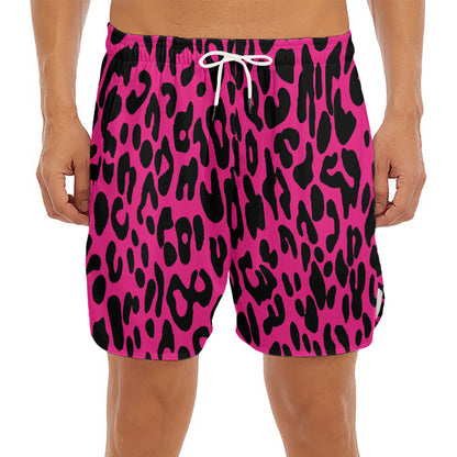 Hot Pink Leopard Print Men's Split Running Shorts