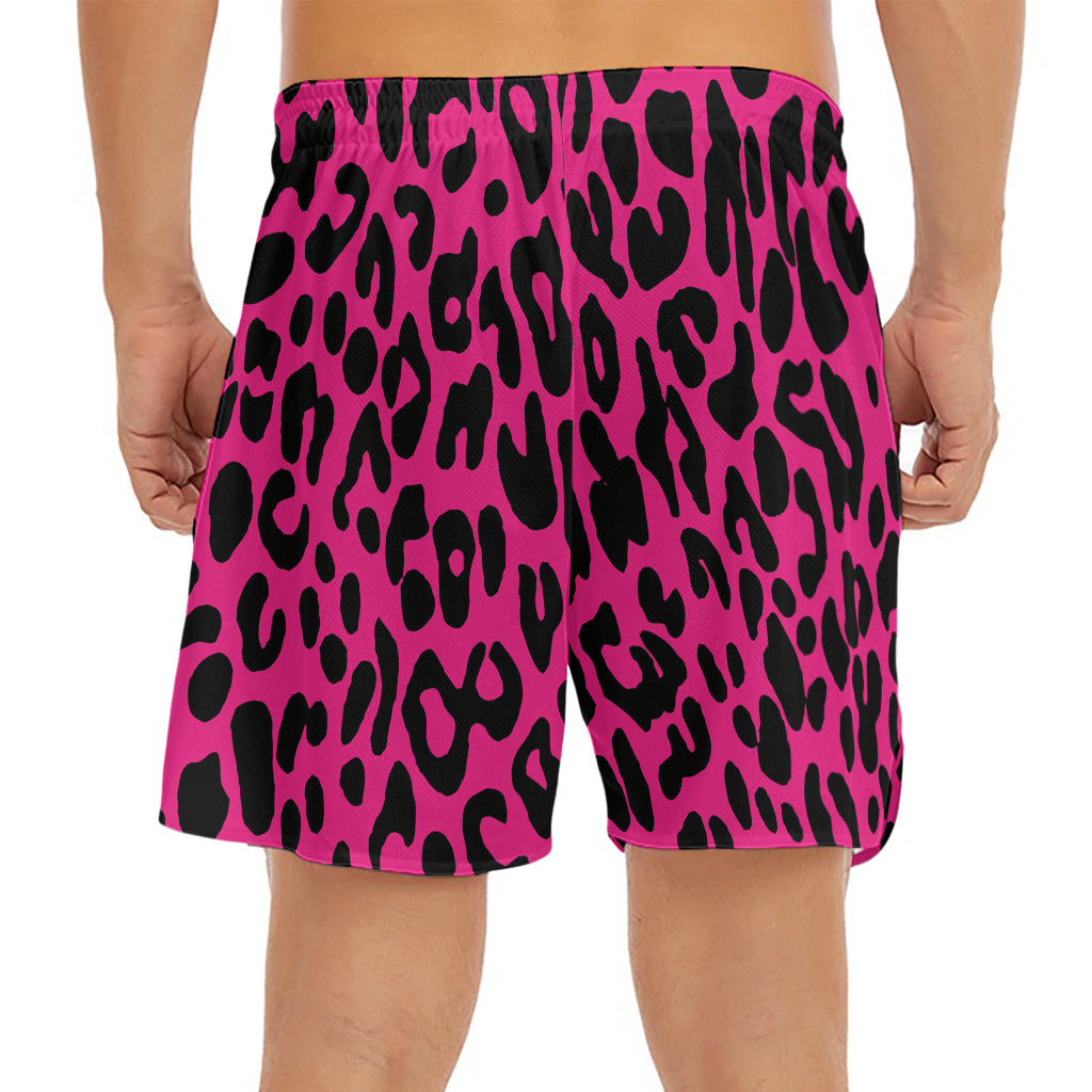 Hot Pink Leopard Print Men's Split Running Shorts