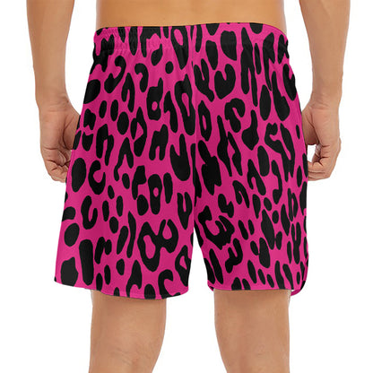 Hot Pink Leopard Print Men's Split Running Shorts