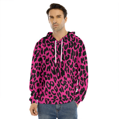Hot Pink Leopard Print Men's Velvet Pullover Hoodie