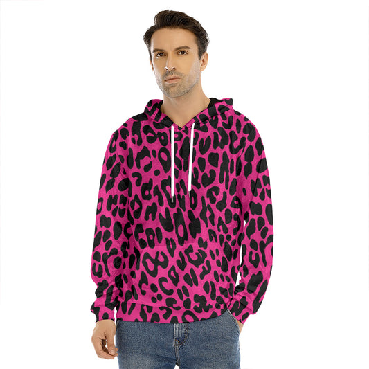 Hot Pink Leopard Print Men's Velvet Pullover Hoodie