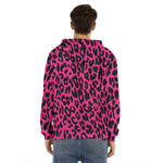Hot Pink Leopard Print Men's Velvet Pullover Hoodie