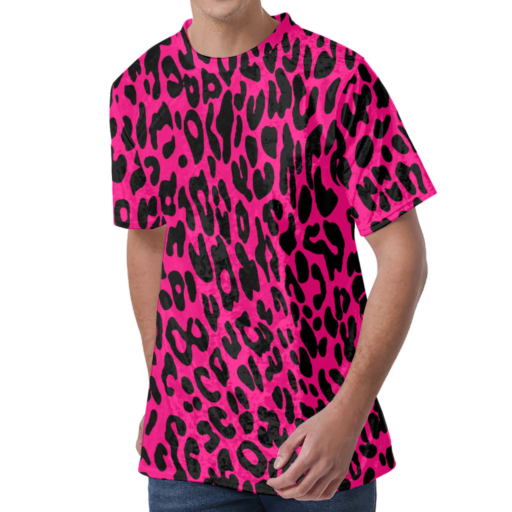 Hot Pink Leopard Print Men's Velvet T-Shirt