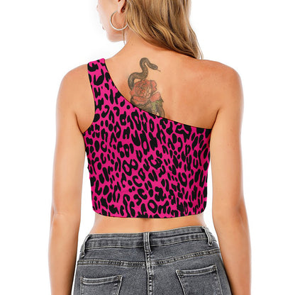 Hot Pink Leopard Print One Shoulder Crop Top