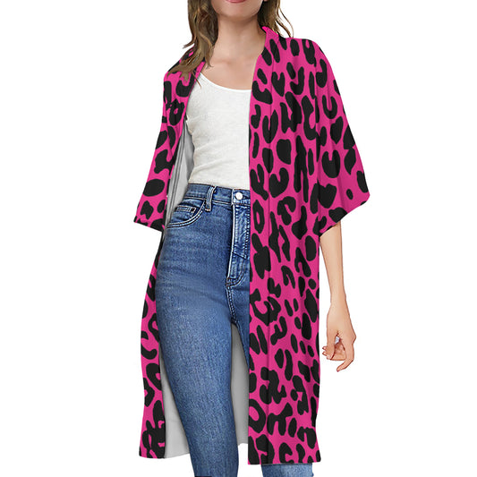 Hot Pink Leopard Print Open Front Beach Cover Up