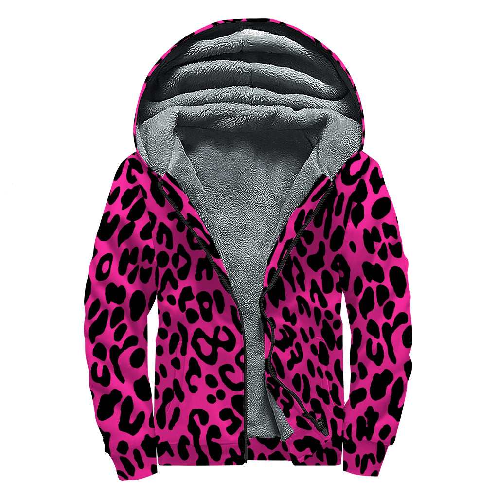 Hot Pink Leopard Print Sherpa Lined Zip Up Hoodie
