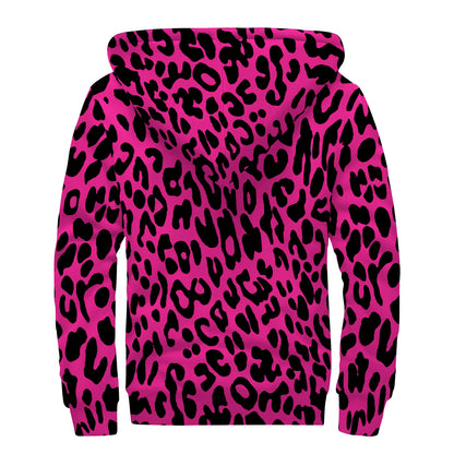 Hot Pink Leopard Print Sherpa Lined Zip Up Hoodie