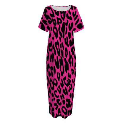 Hot Pink Leopard Print Short Sleeve Long Nightdress
