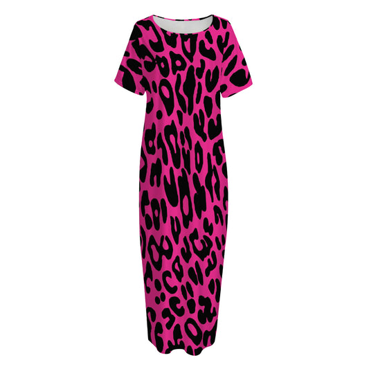 Hot Pink Leopard Print Short Sleeve Long Nightdress