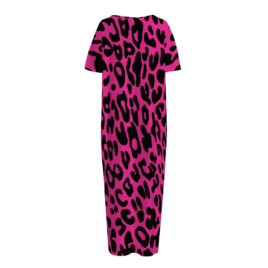 Hot Pink Leopard Print Short Sleeve Long Nightdress