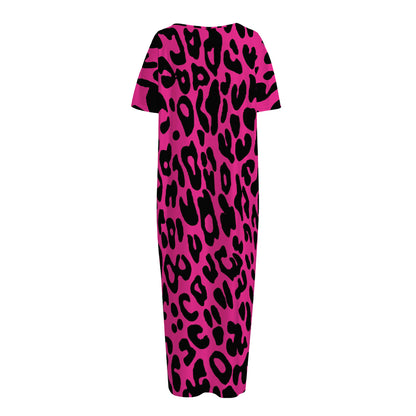 Hot Pink Leopard Print Short Sleeve Long Nightdress