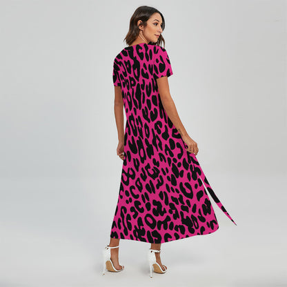 Hot Pink Leopard Print Short Sleeve Maxi Dress