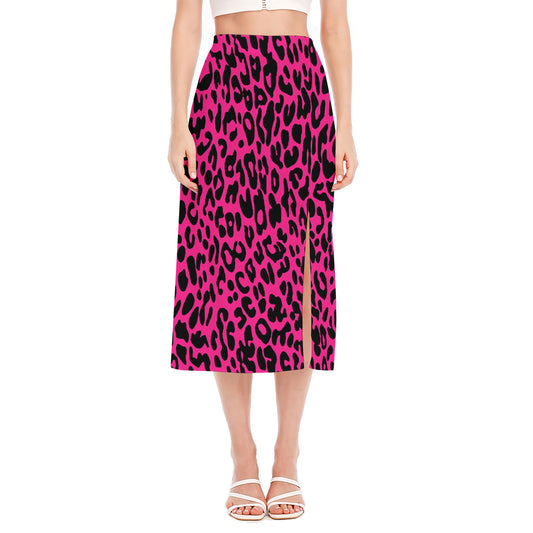 Hot Pink Leopard Print Side Slit Midi Skirt
