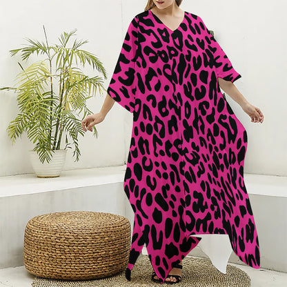 Hot Pink Leopard Print Silk V-Neck Kaftan Dress