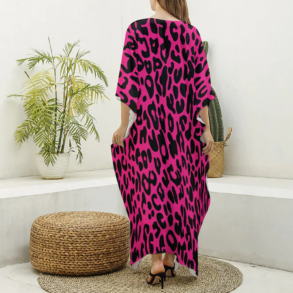 Hot Pink Leopard Print Silk V-Neck Kaftan Dress
