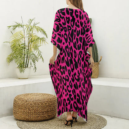 Hot Pink Leopard Print Silk V-Neck Kaftan Dress