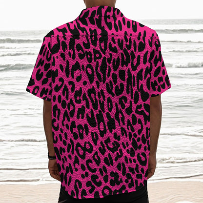 Hot Pink Leopard Print Textured Short Sleeve Shirt