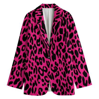 Hot Pink Leopard Print Women's Cotton Blazer