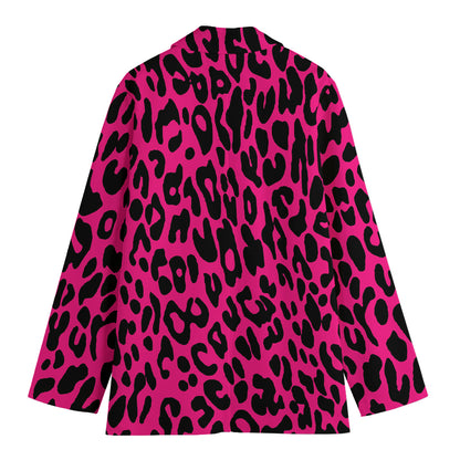 Hot Pink Leopard Print Women's Cotton Blazer
