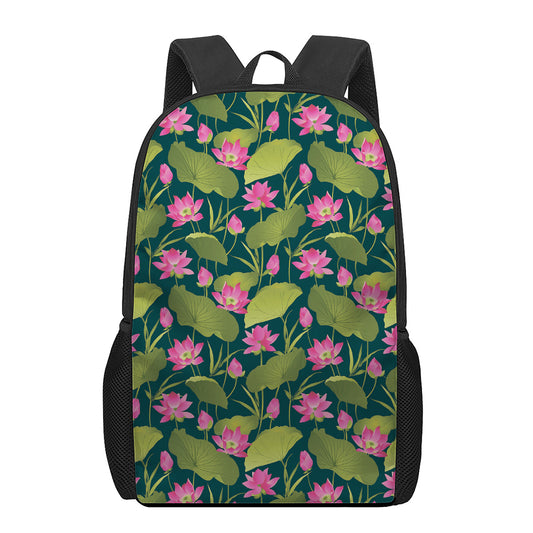 Hot Pink Lotus Pattern Print 17 Inch Backpack