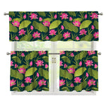 Hot Pink Lotus Pattern Print 3 Piece Kitchen Curtains