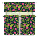 Hot Pink Lotus Pattern Print 3 Piece Kitchen Curtains